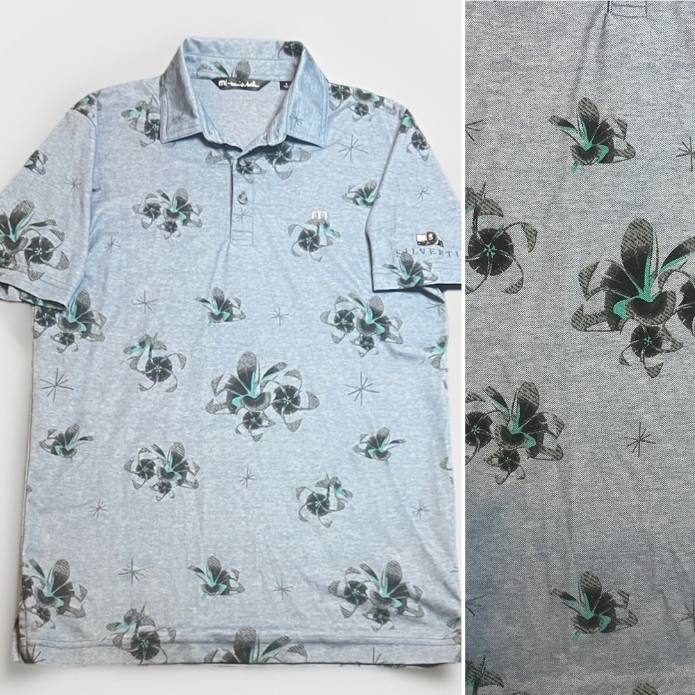 Travis Mathew Denim Blue Golf Polo with Floral Print sz S Silver Tip Resort Logo
